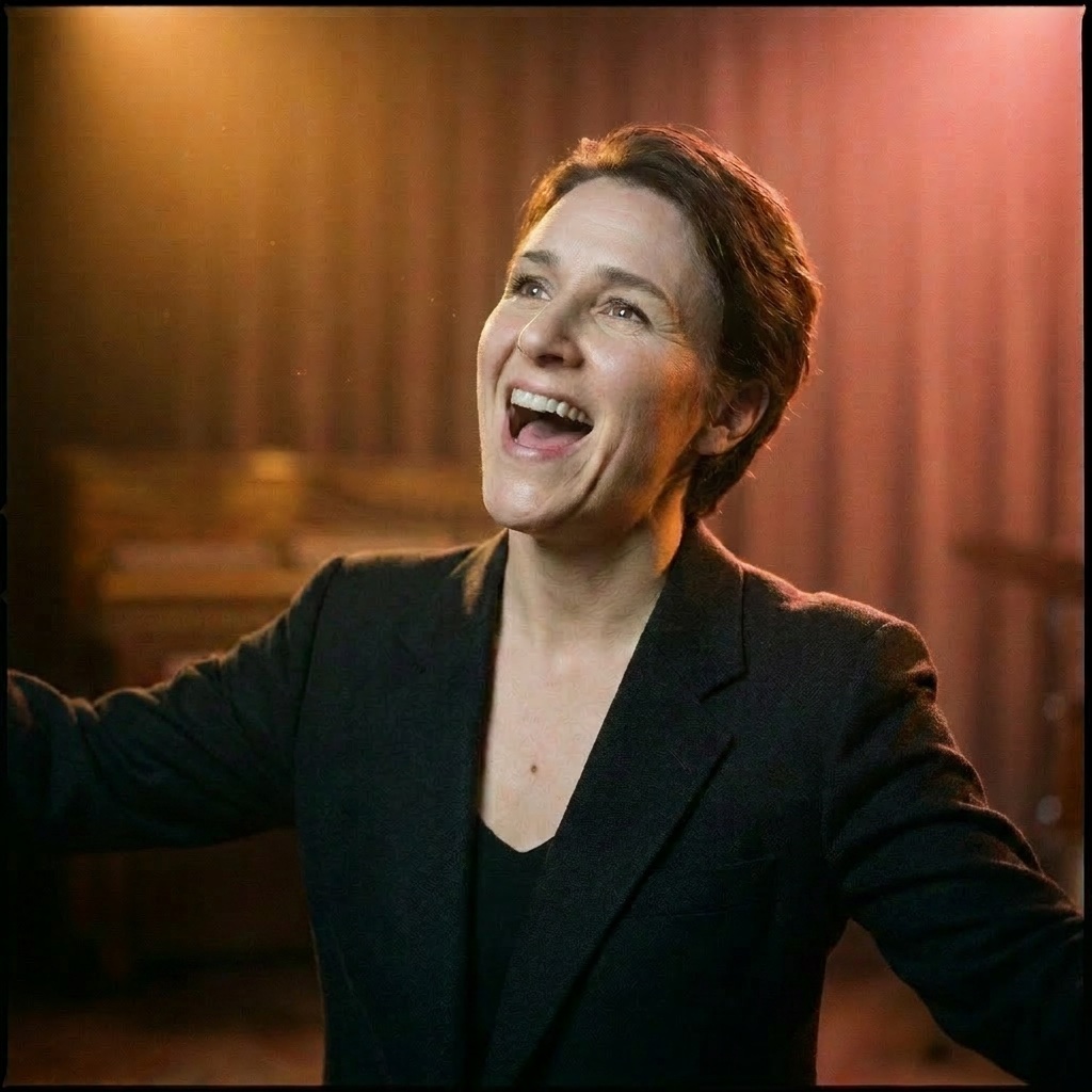 A singer laughs and sings freely on stage, arms open, lit in warm gold light.