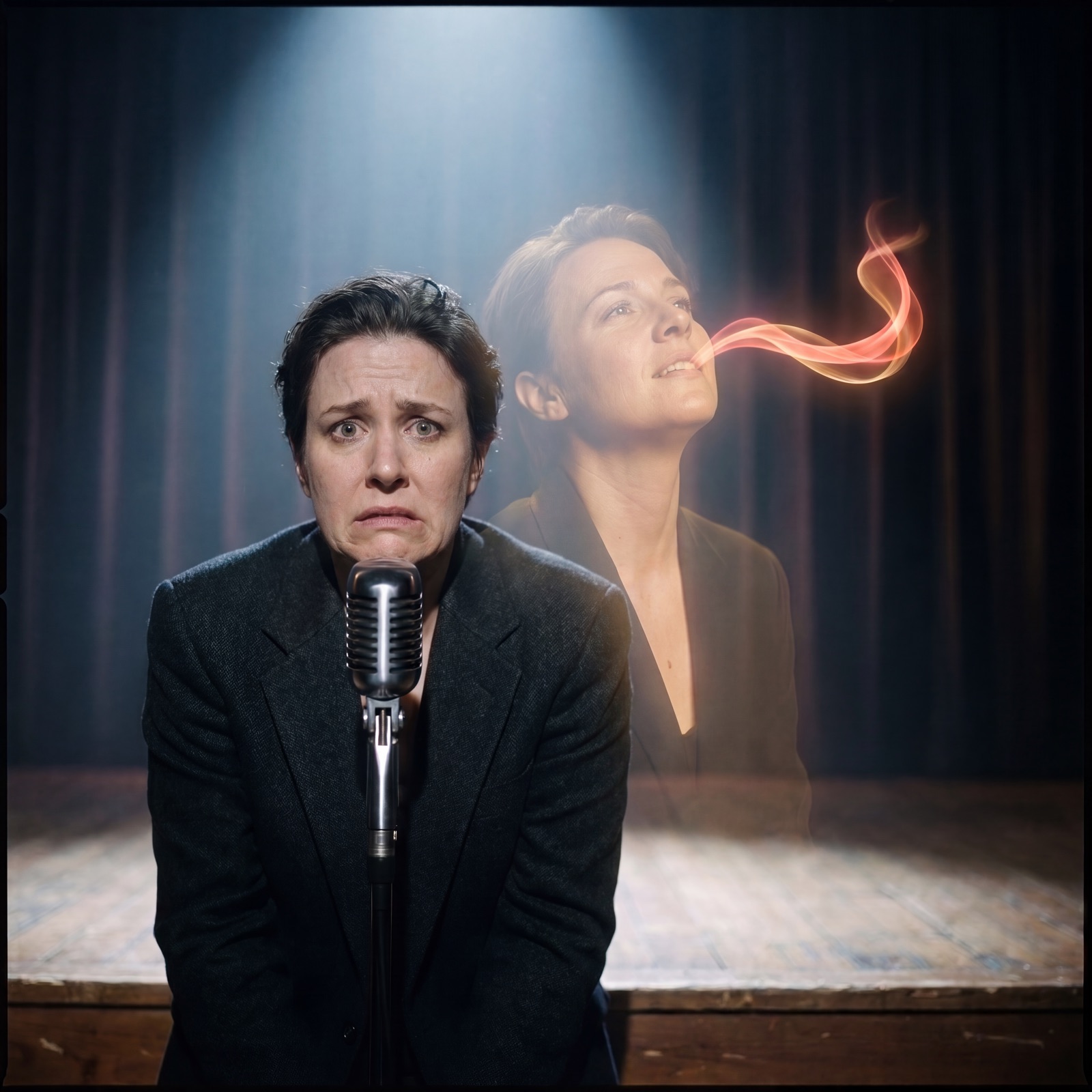 A singer stands frozen at a microphone, tense and uncertain, while behind her a second, freer version of herself releases a stream of breath and colour into the air.